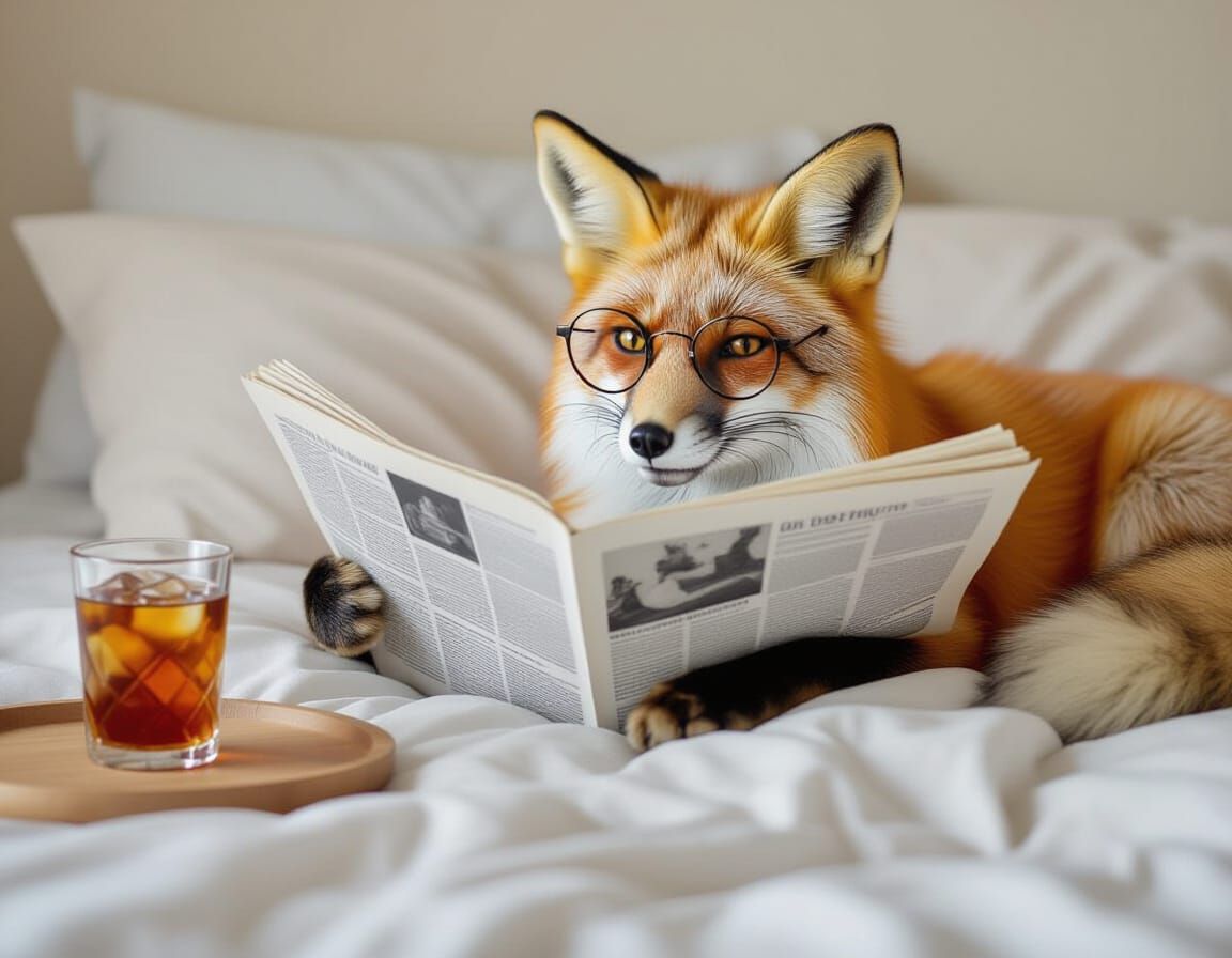 Fox Reading Newspaper in Bed