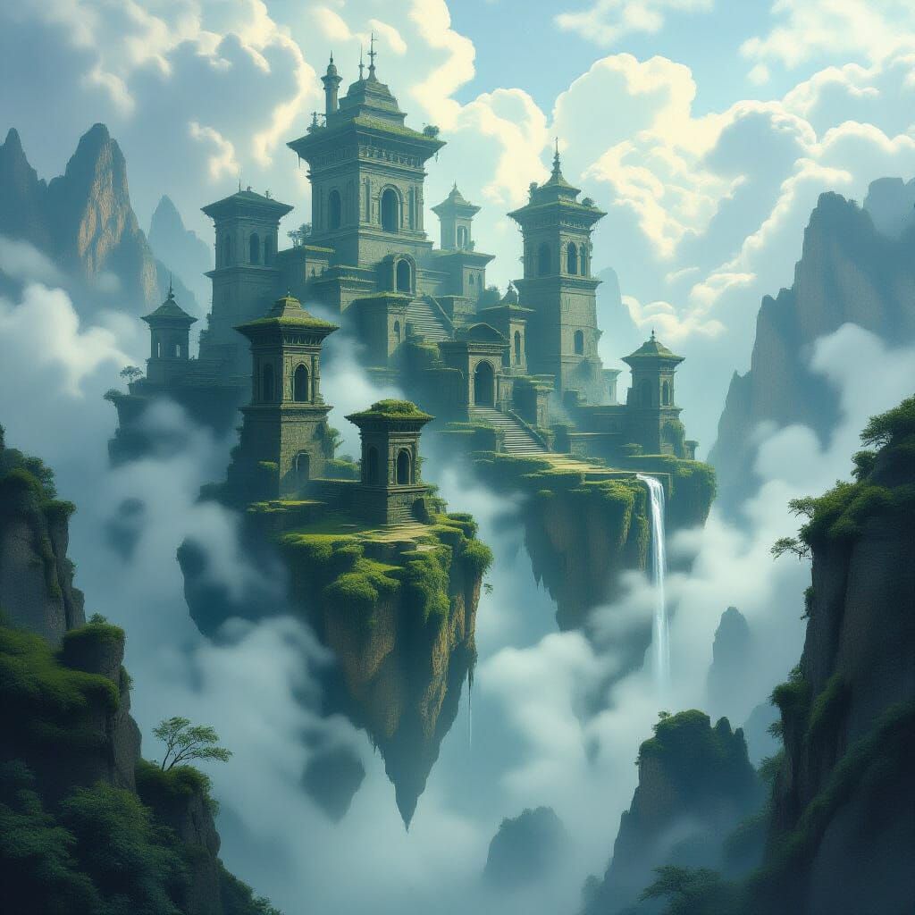 Floating Ancient Ruins in Ethereal Mist, Romanticism Style