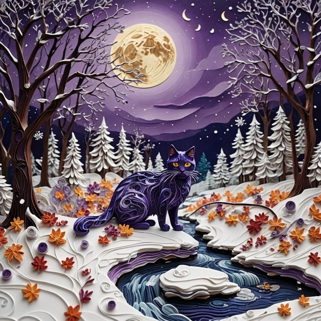 Stunning Photorealistic Quilling Collage of Purple Cat Under...