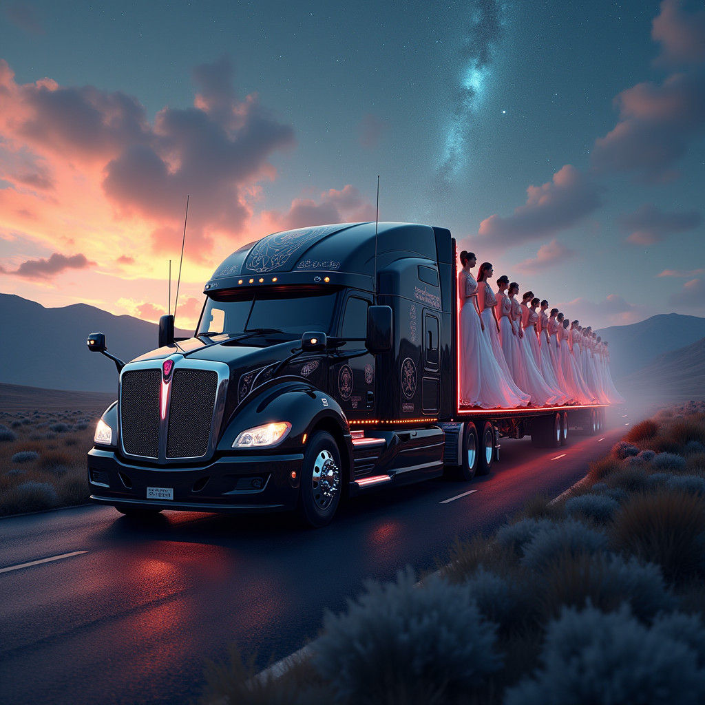 Mystical Black Semi-Truck Transports Elegant Women