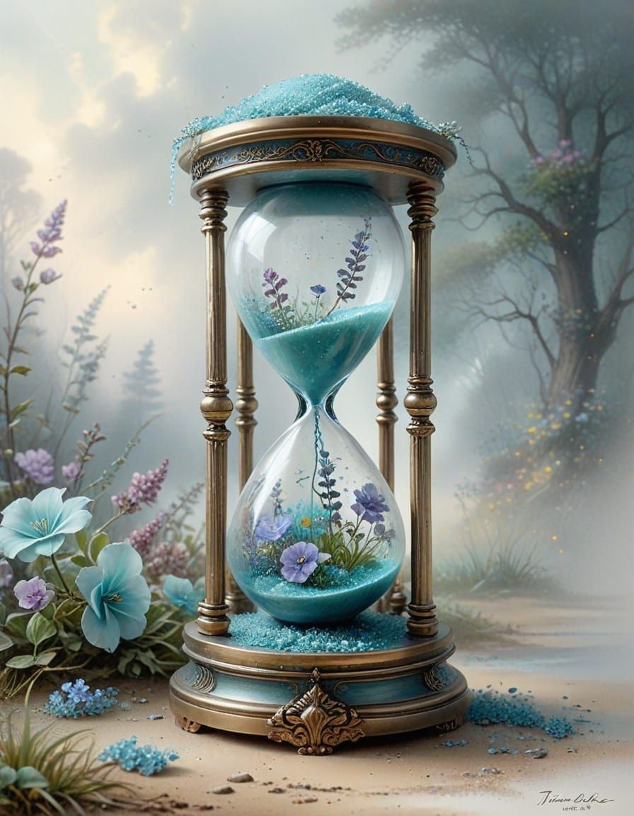 Antique Hourglass with Pale Teal Flowers in Watercolour