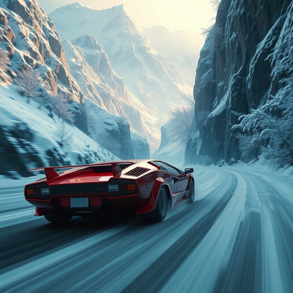 Cyberpunk Dreamscapes: Cherry Red Lamborghini Countach Speed...