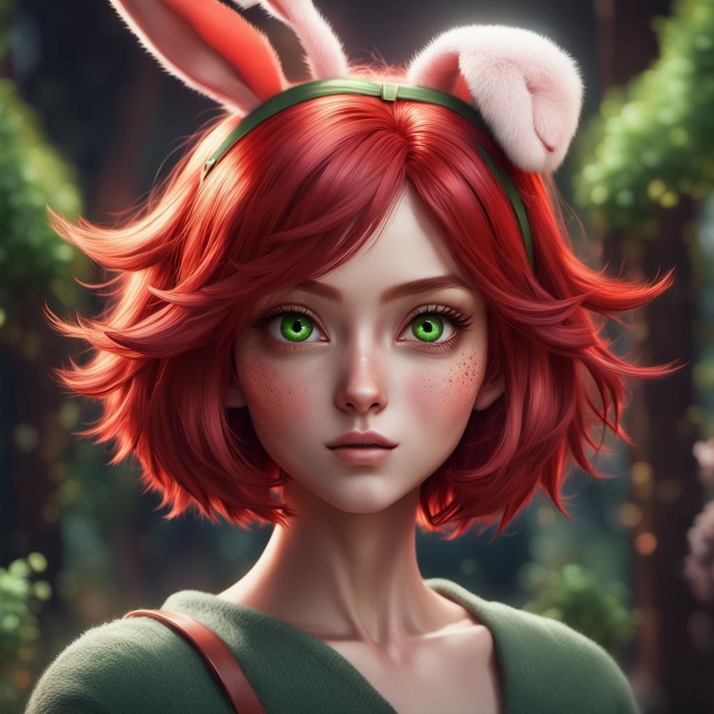 Anime Teenager with Red Hair and Bunny Ears