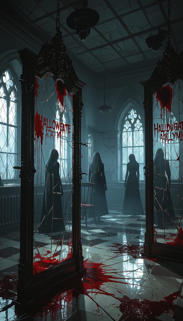 Gothic Asylum Room With Blood Writing and Distorted Reflecti...