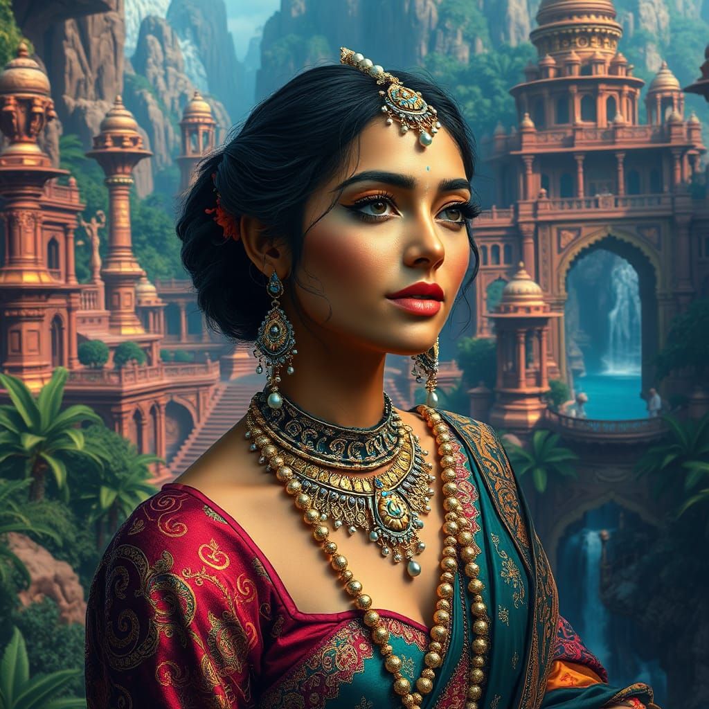 Vibrant Indian Actress in Opulent Attire, Matte Painting