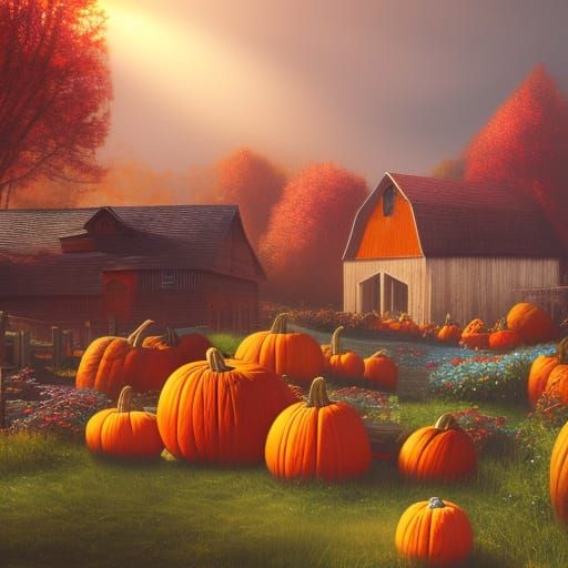 Enchanting Pumpkin Patch Farm at Sunrise: Fantasy Art