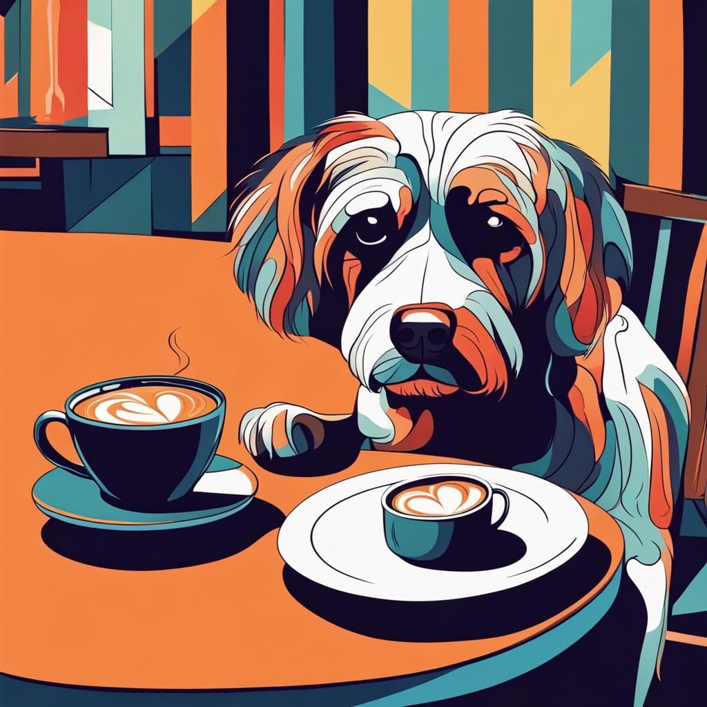 Dog in Cafe with Coffee Mug: Abstract Art