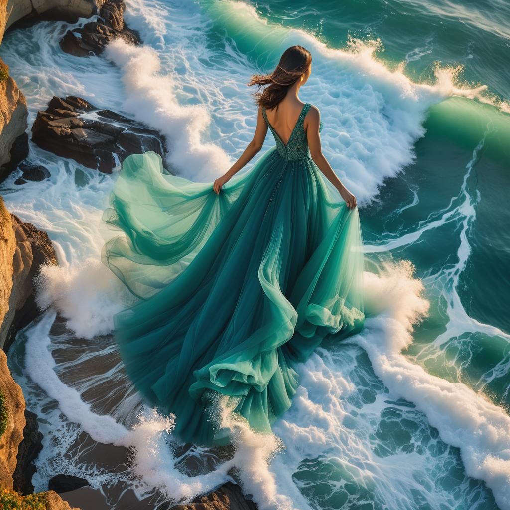 Woman in Teal Dress at Sea, Digital Art