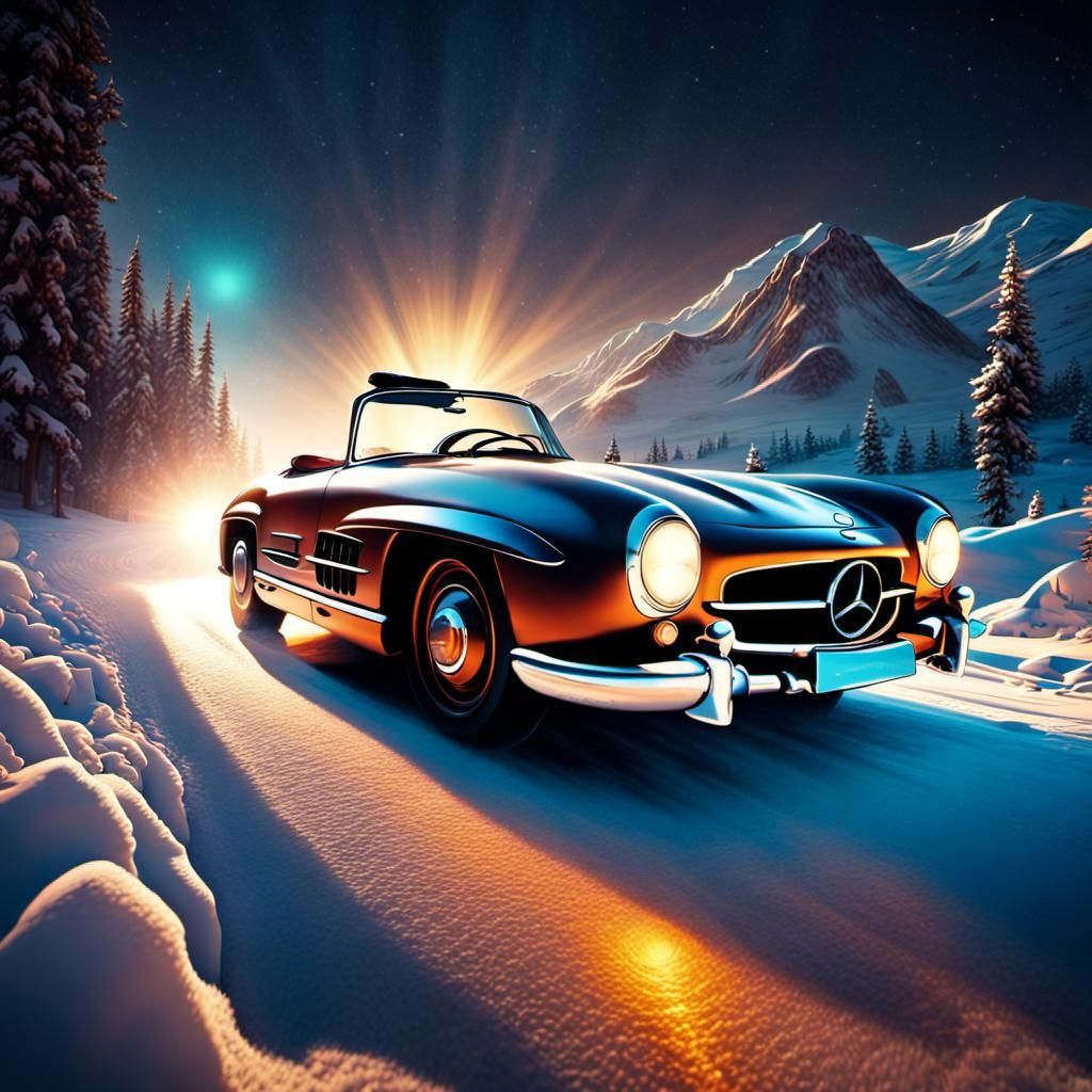 Steampunk Mercedes 300 SL on Snowy Western Road