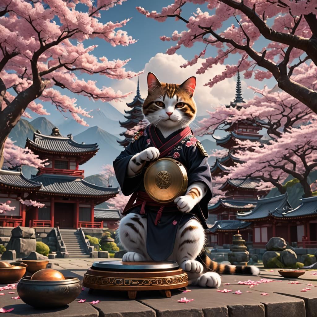 Ninja Cat's Serenade: Handpan Music at Sakura Temple