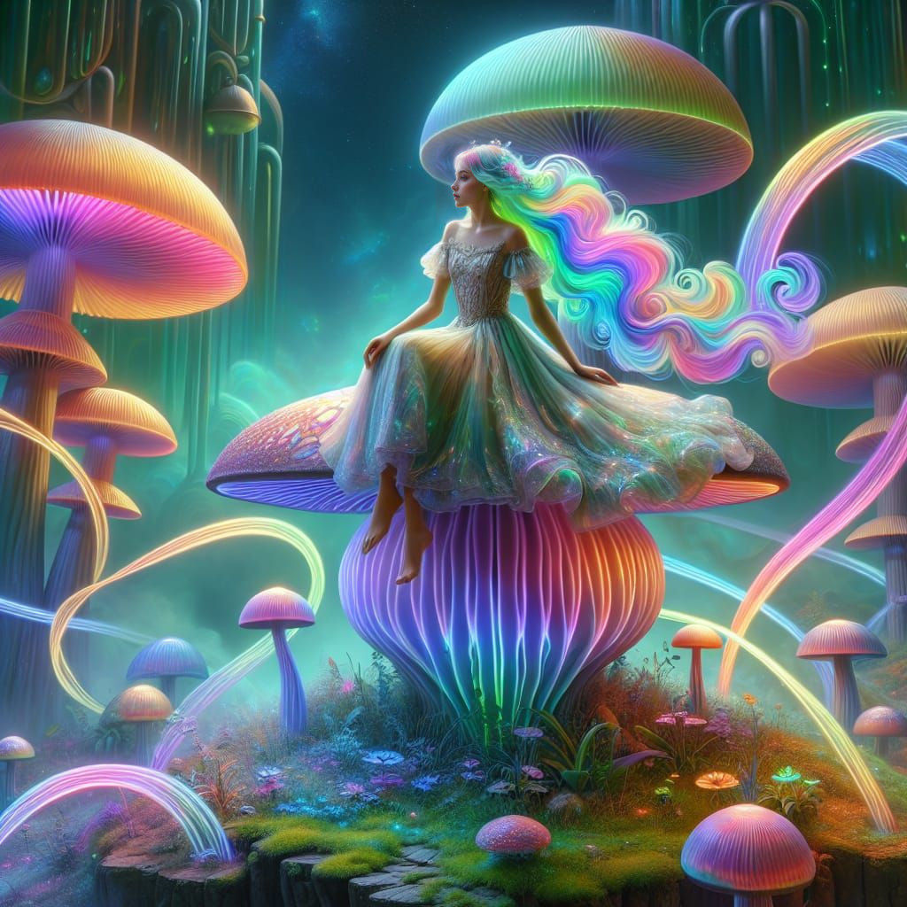 Surreal Goddess in Iridescent Gown and Neon Hair Amidst Fant...