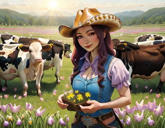 Cowgirl Picking Flowers in Surreal Style