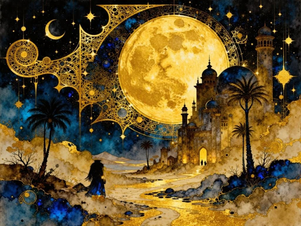 Art Deco Arabian Village Under Golden Half Moon