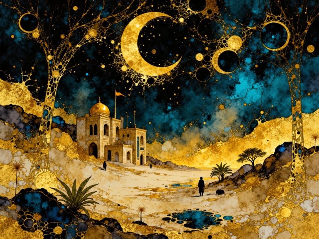 Art Deco Arabian Village Under Golden Half Moon