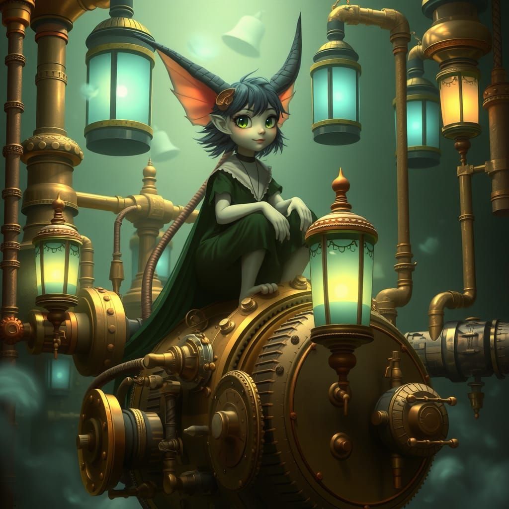 Steampunk Owl Amidst Clockwork and Lantern Light