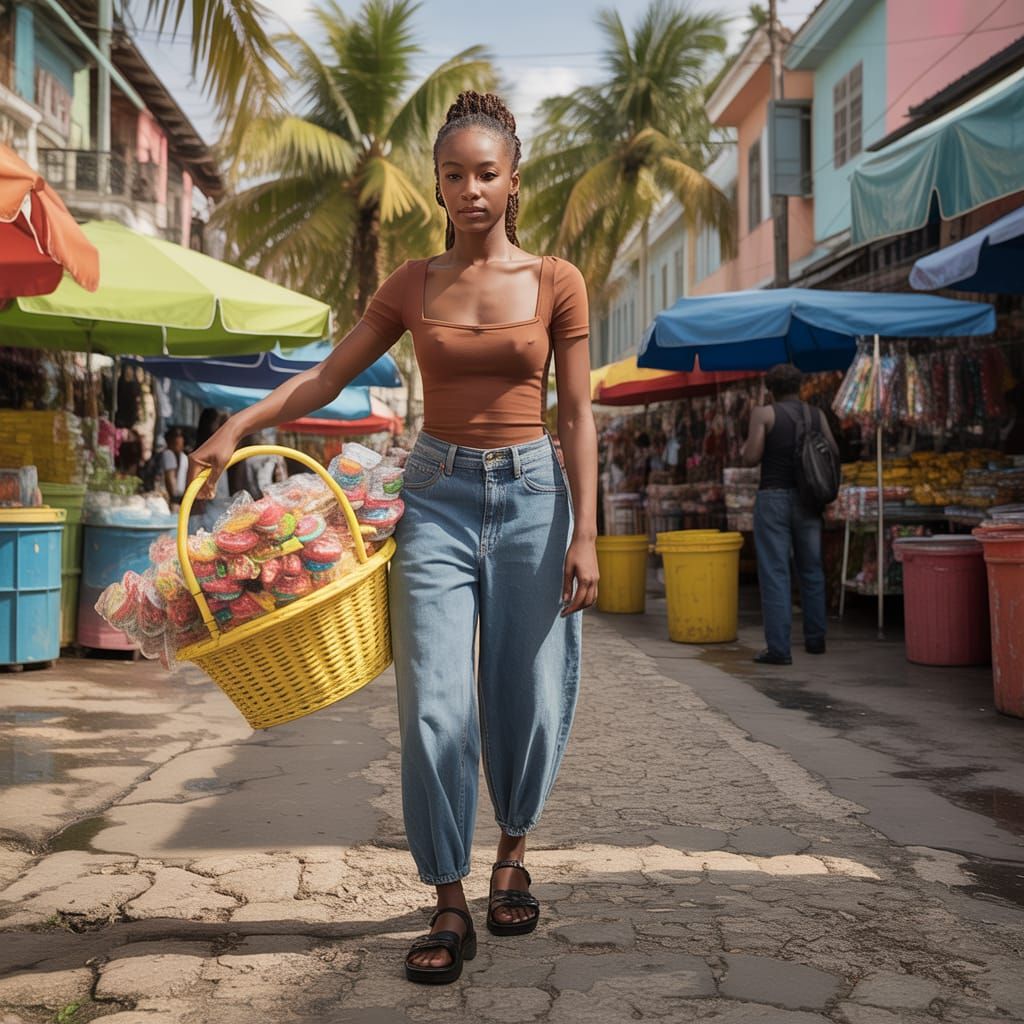 Haitian Woman in Vibrant Market, 3D Realistic Style