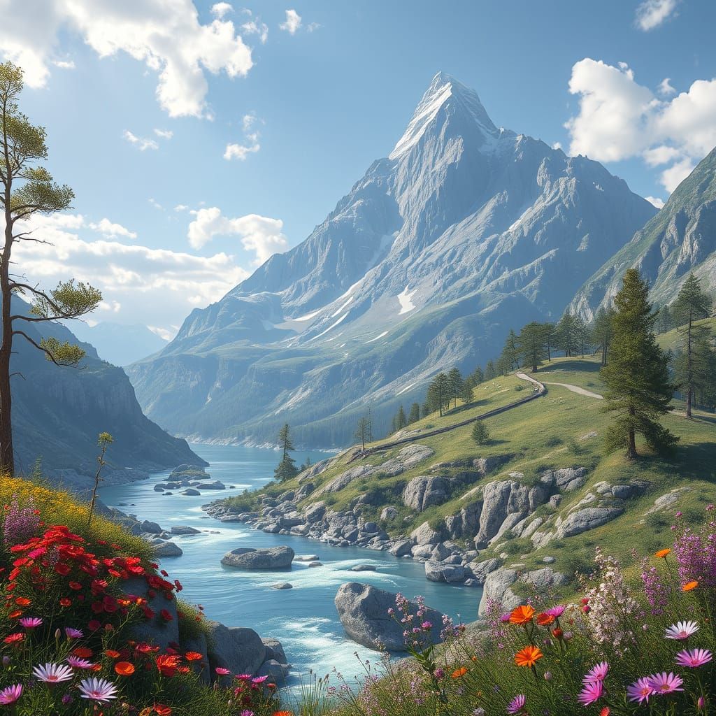 Hyperrealistic Mountain Landscape with River and Flowers
