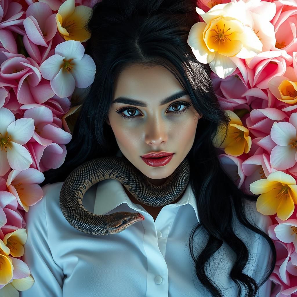 Dreamlike Portrait with Snake and Flowers