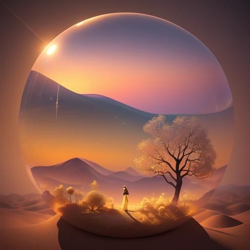 Dreamlike Desert Landscape with Translucent Bubbles