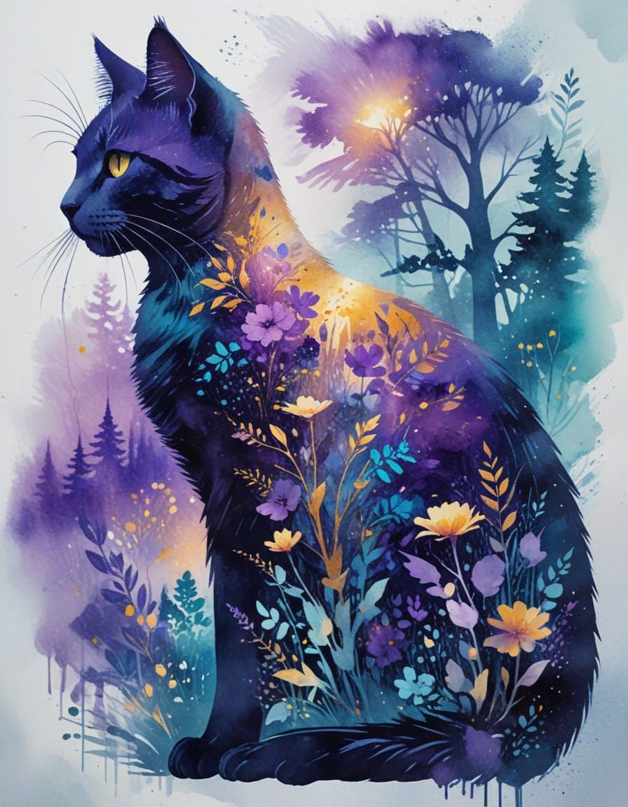 Sleek Cat Silhouette Unfolds a Vibrant Dreamlike Landscape i...