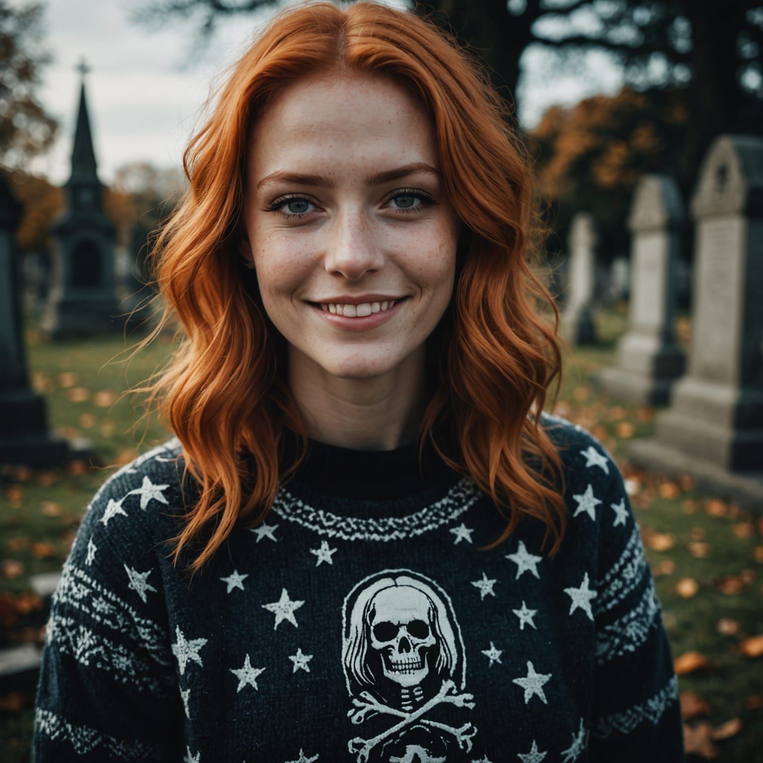 Smiling Woman in Cemetery Portrait, Spooky Theme