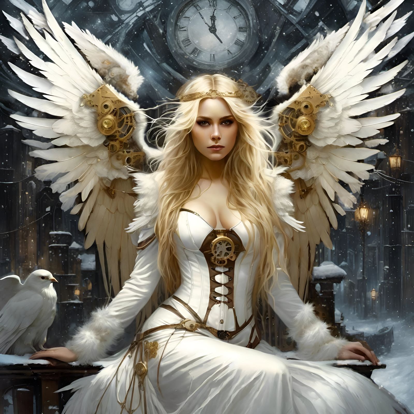 Steampunk Angel in Snowy Mechanical Wonderland