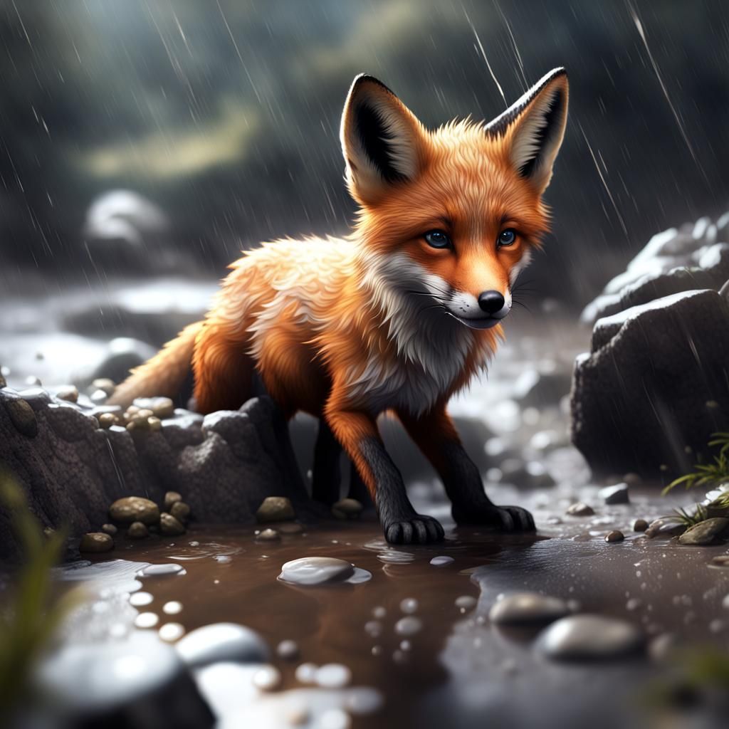 Sorrowful Fox Pup in Rain, Digital Art