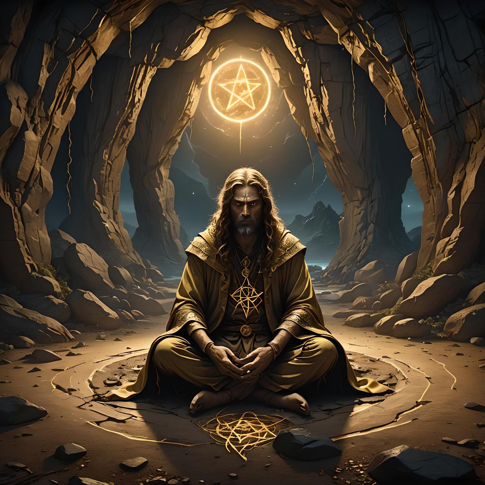 Golden Figure Meditates in Cave Under Moonlight