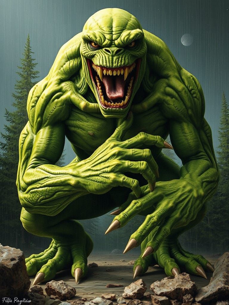 Kinetic Pointillist Green Monster Illustration