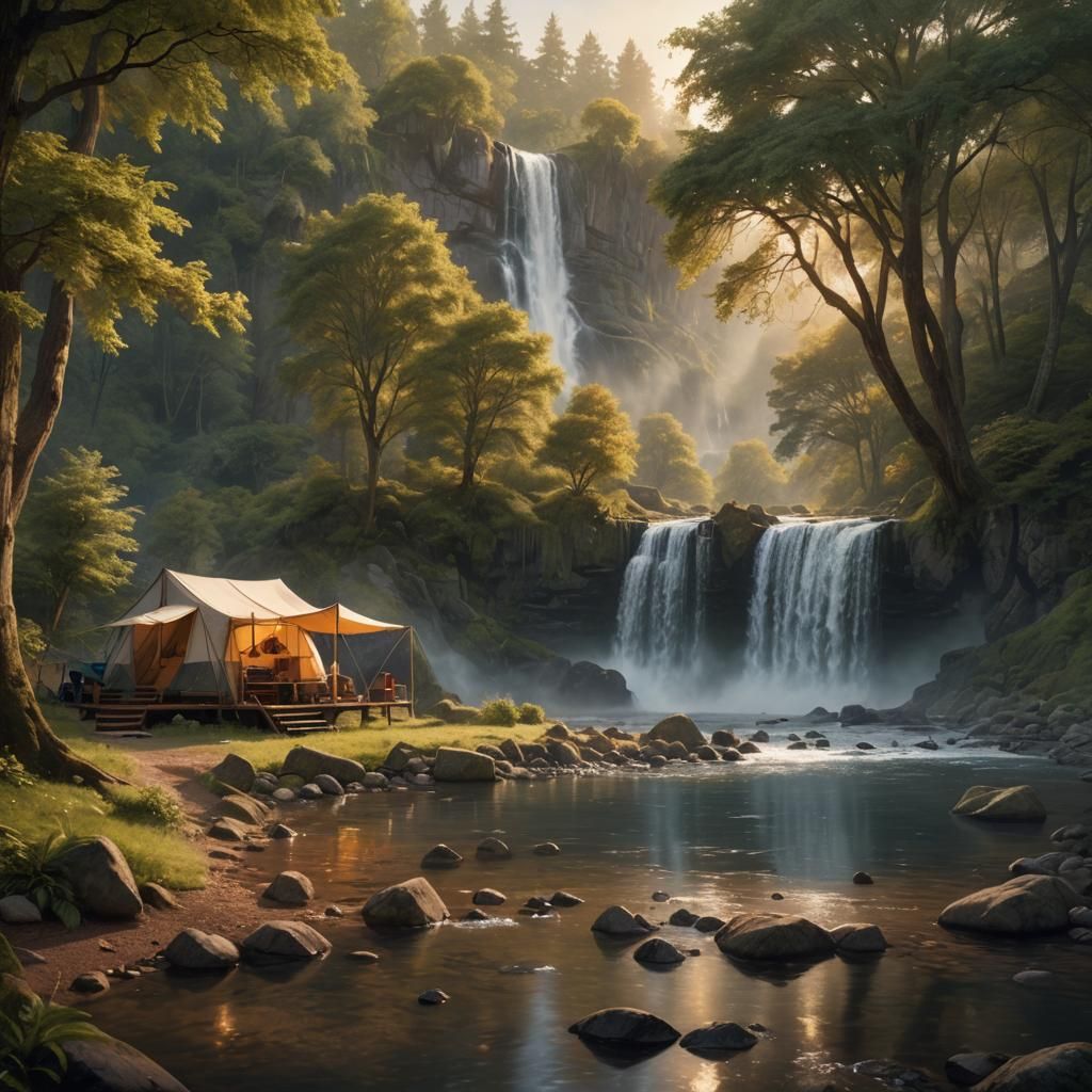 Campsite by Waterfall in Golden Light
