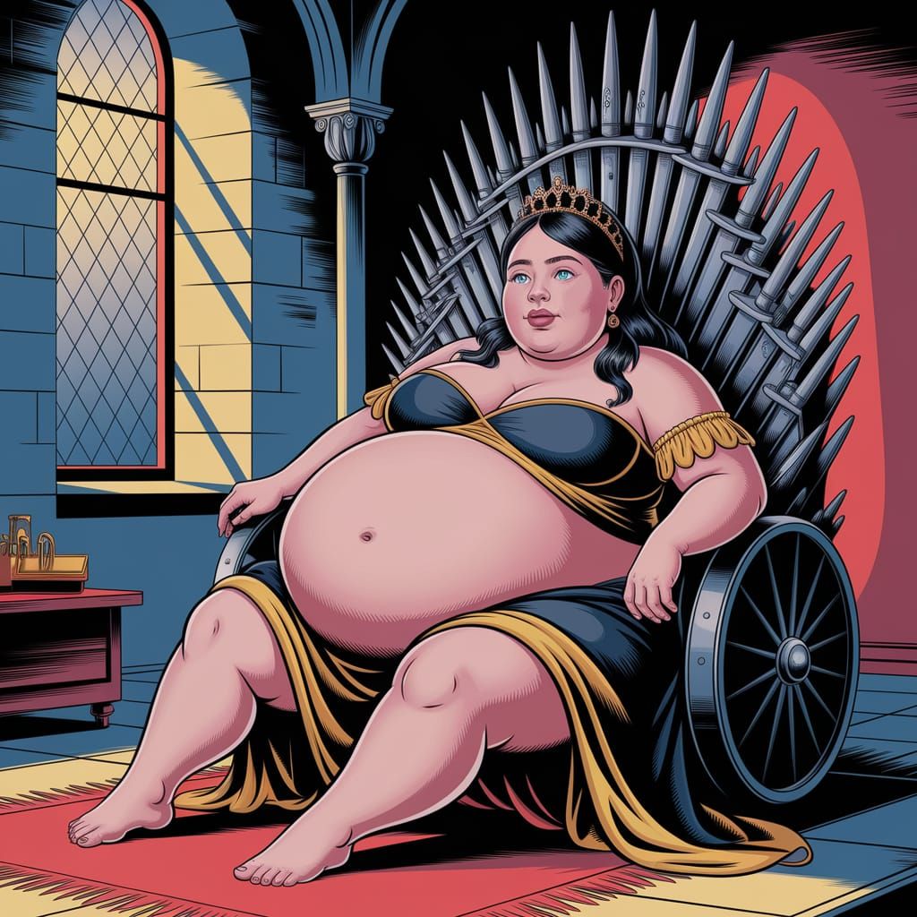 Fat Queen Lays Beside Oversized Throne of Swords in Medieval...