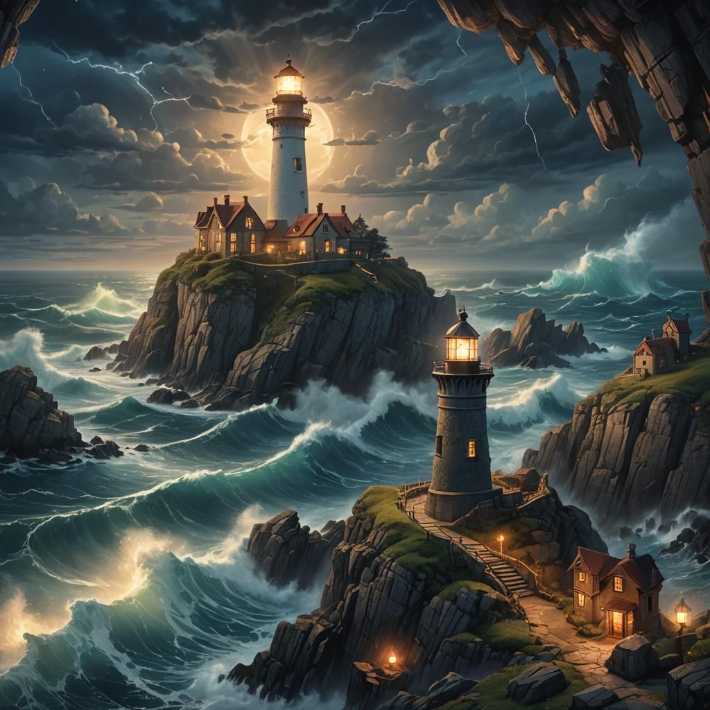 Mystical Lighthouse on Stormy Coastline at Dusk