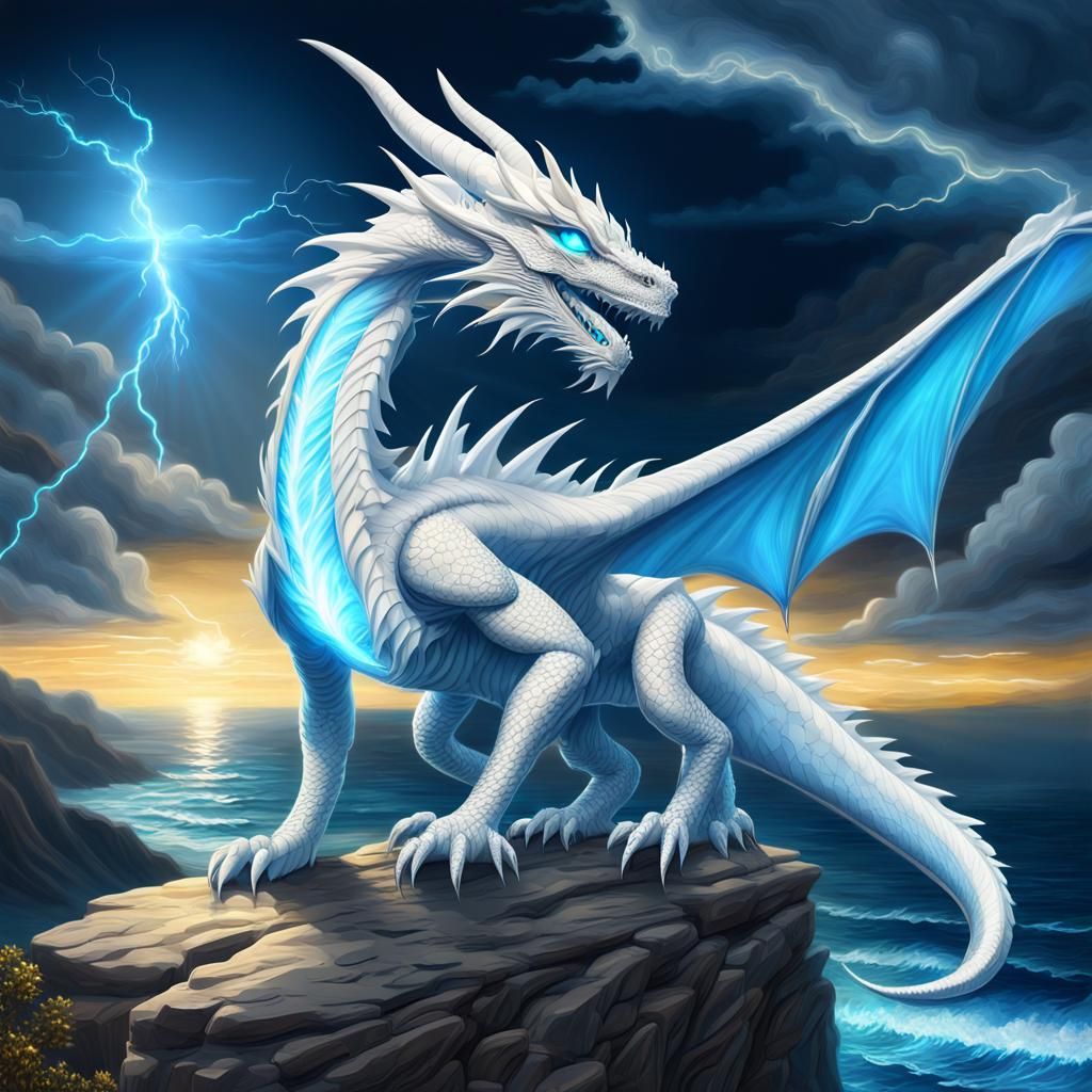 Mystical White Dragon Overlooking Ocean at Night