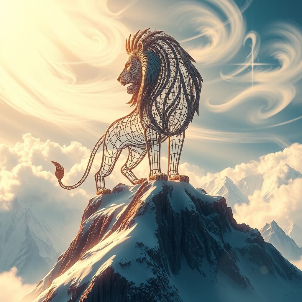 Metal Wire Lion on Mountain, Digital Art