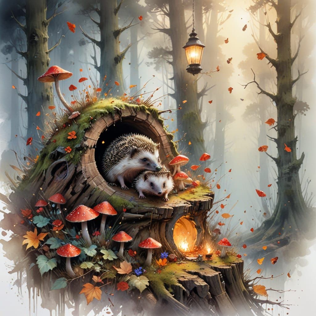 Hedgehog Family in Enchanted Autumn Forest, Digital Painting