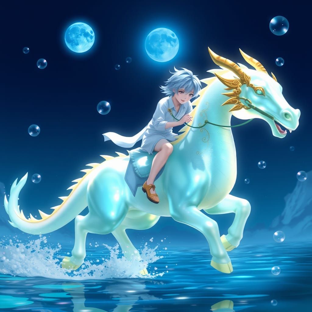 Young Man on Translucent Dragon Horse, Anime Art