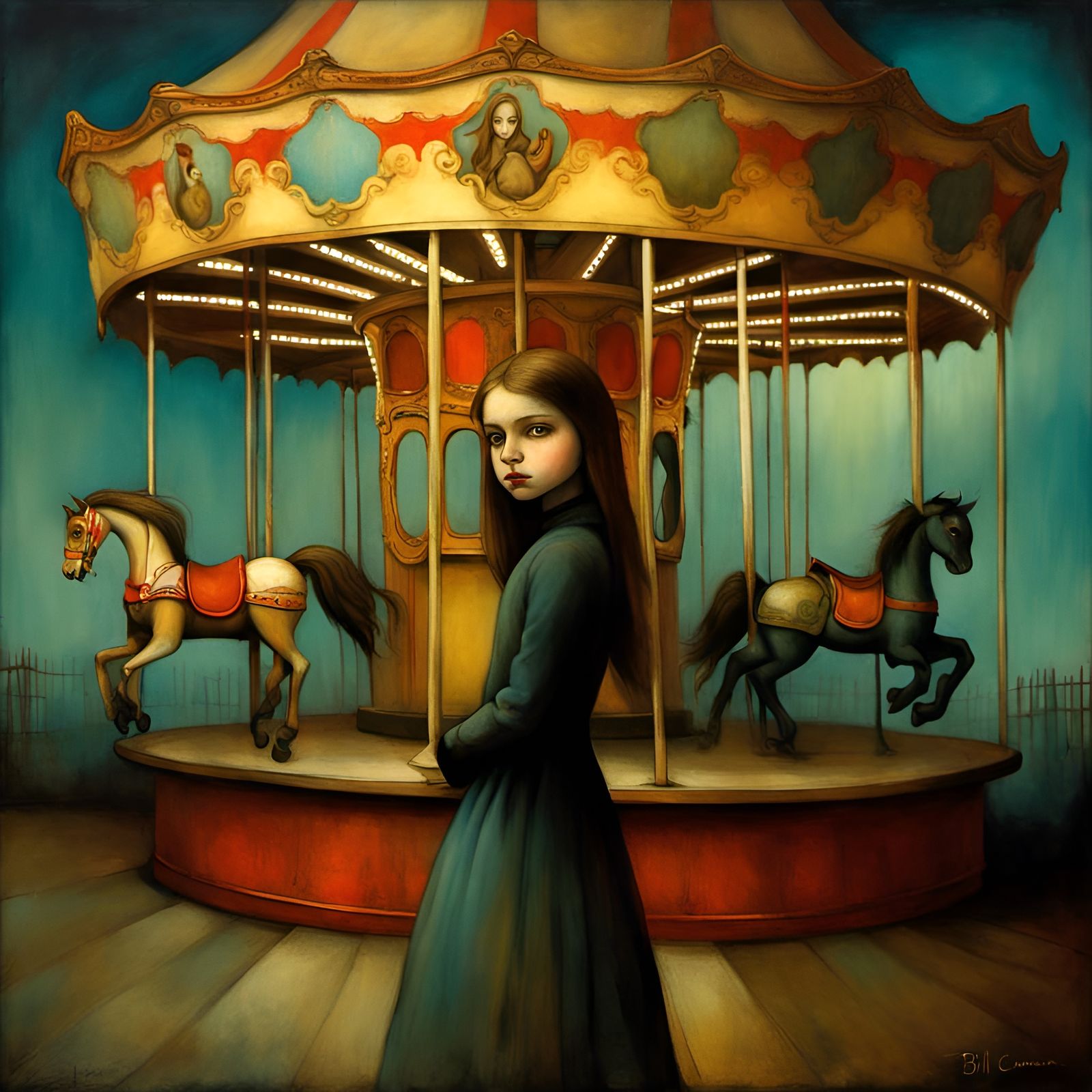 Girl at Abandoned Carousel in Oil Painting Style
