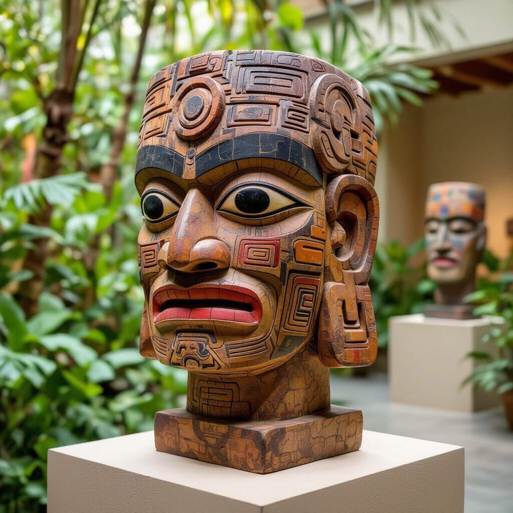 Intricately Carved Wooden Olmec Head in Museum