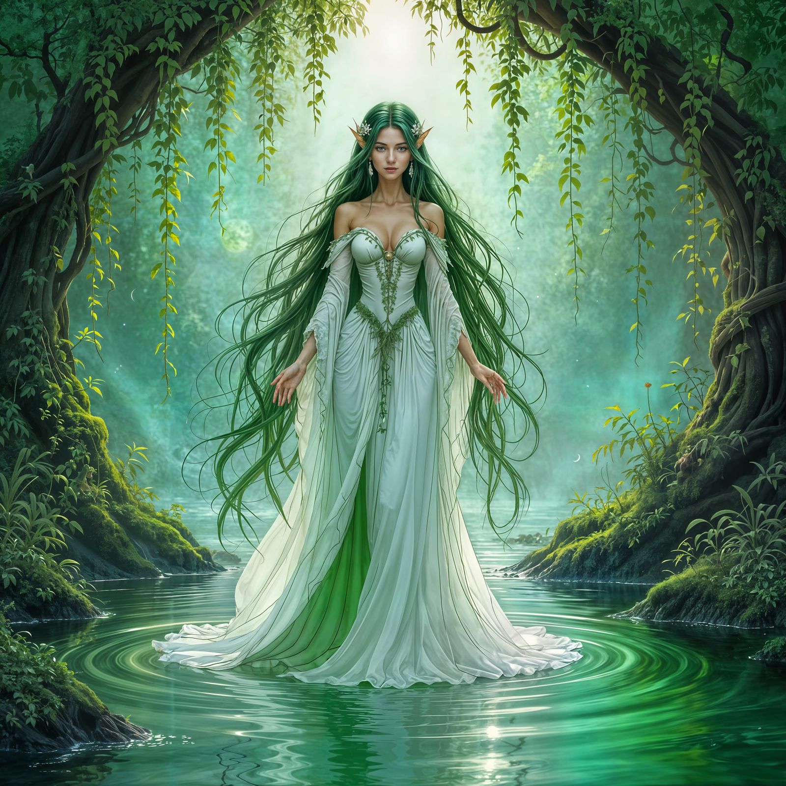 Enchanted Forest Pool with Fairy in Moonlight