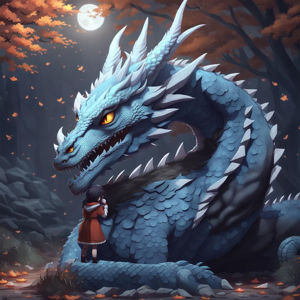 Anime Girl Hugging Dragon in Detailed 3D Style