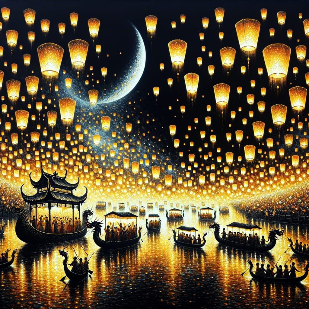 Chinese Lantern Festival with Dragon Boats as Impasto Painti...
