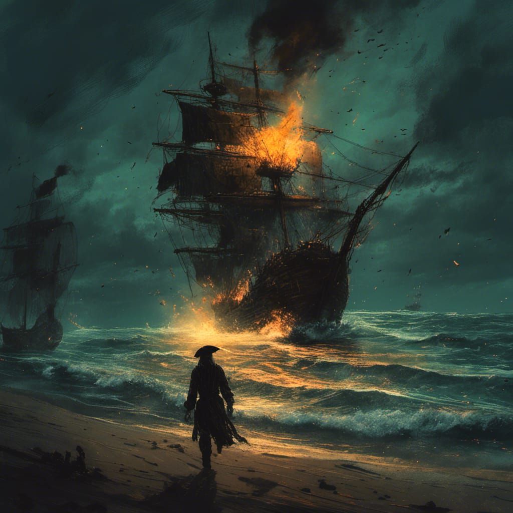 Pirate Escapes Burning Ship: Folk Art Illustration