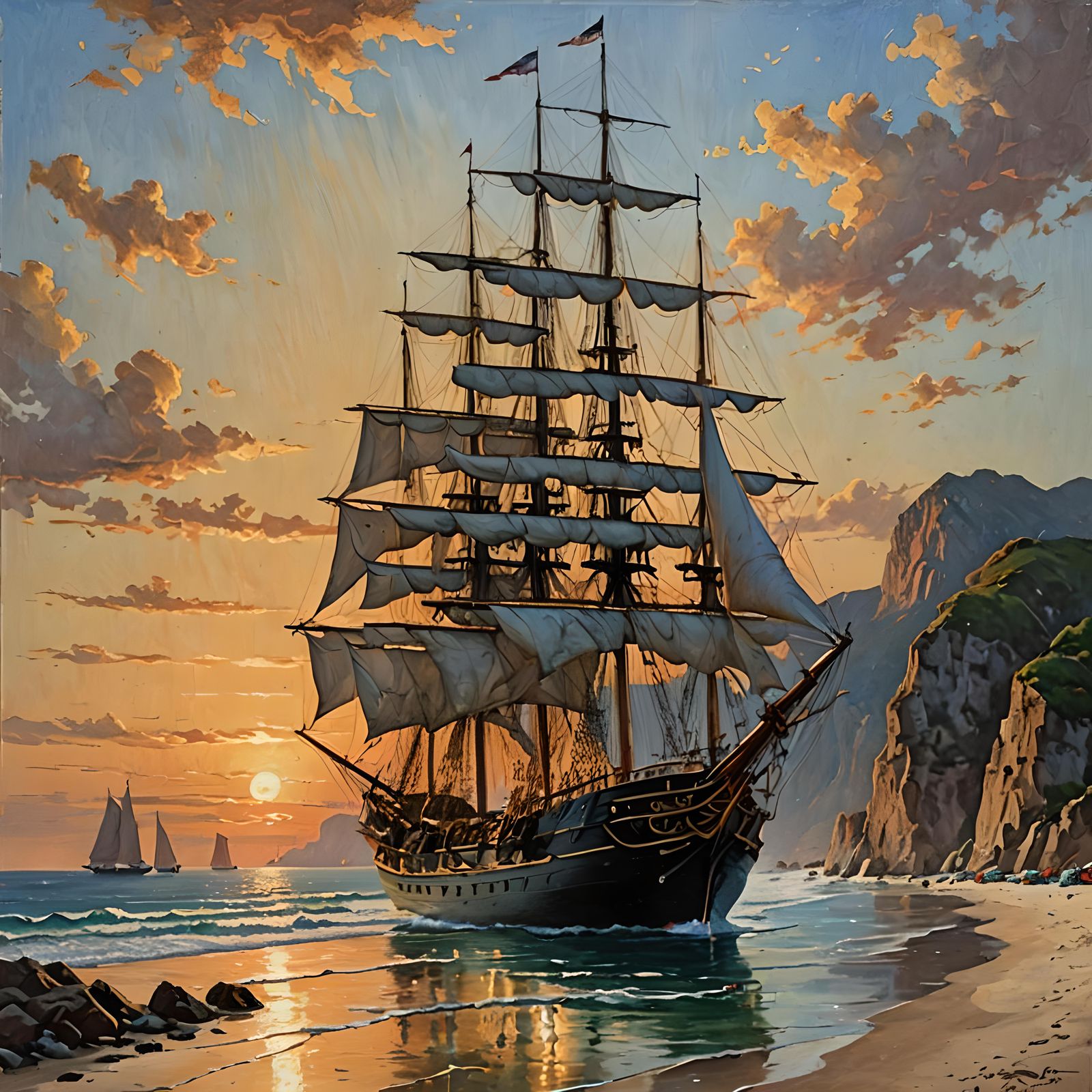 Sailing Ship at Sunset: Oil Painting by Gurney