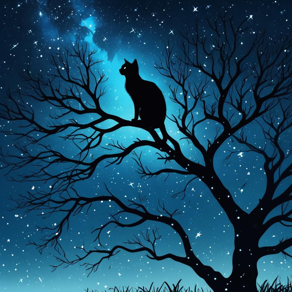 Black Cat Silhouette in Starry Dystopian Sky