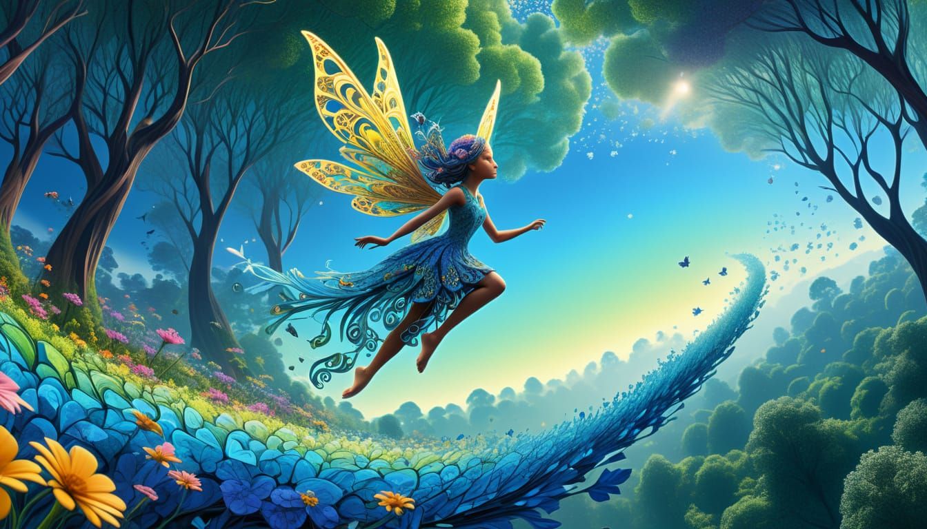 Ethereal Fairy Over Woodlands in Fractal Art Style
