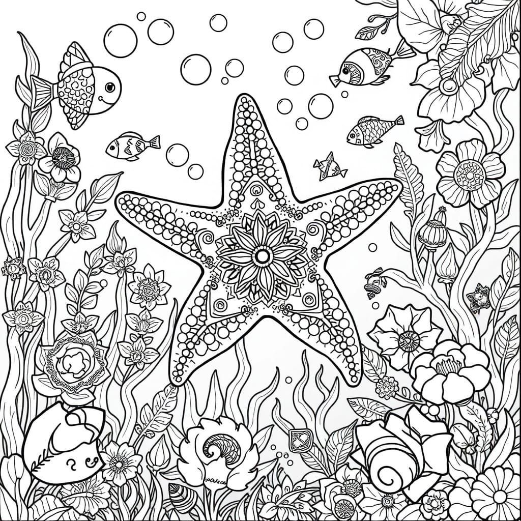 Whimsical Underwater Scene in Black and White Line Drawing