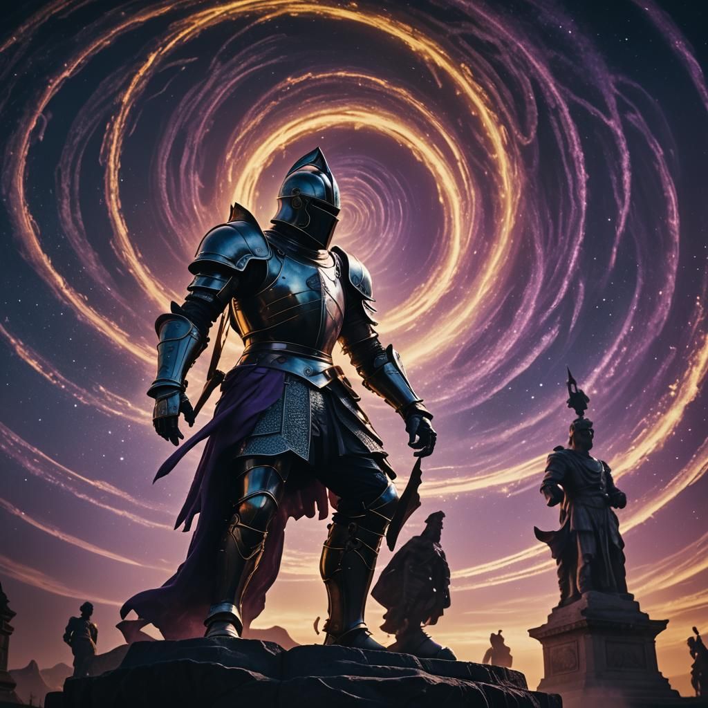 Knight Attacks Amidst Cosmic Radiation in Dark Fantasy Style