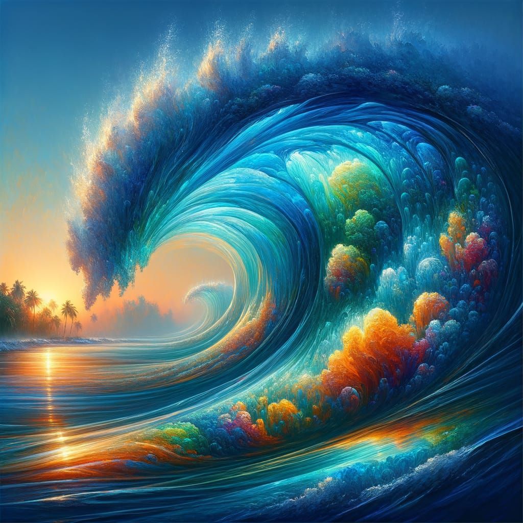 Transparent Electric Blue Wave Meets Tropical Shore at Sunri...