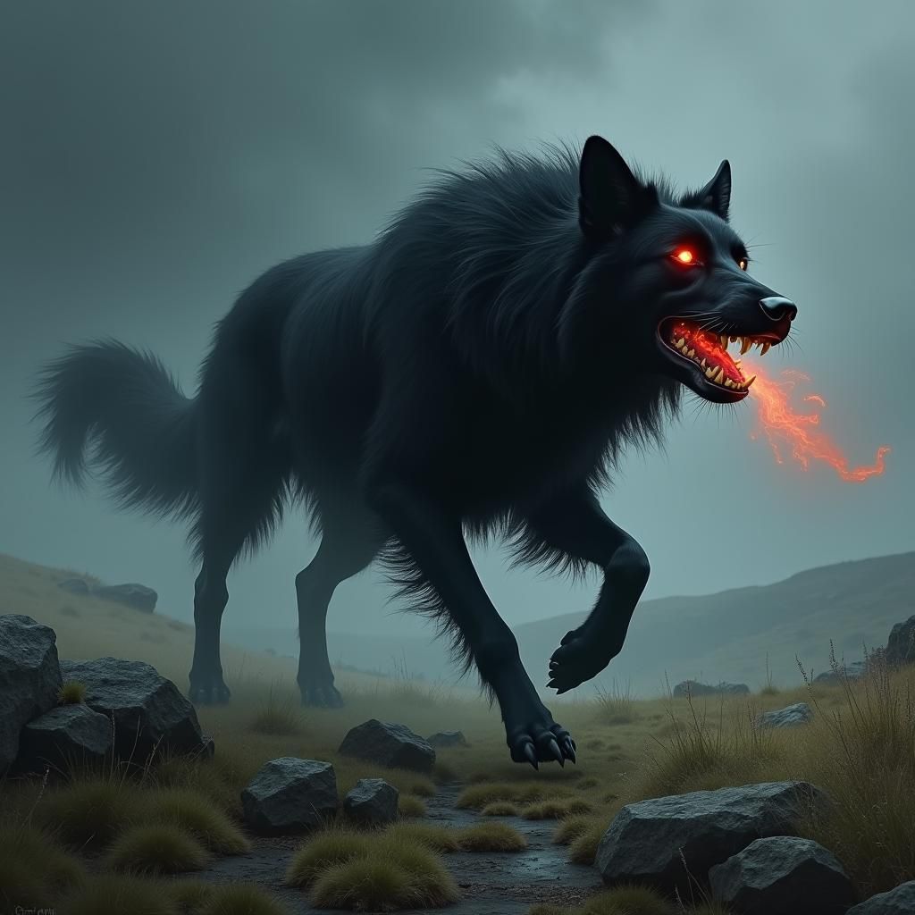 Hound of Dartmoor Unleashed in a Dramatic Landscape