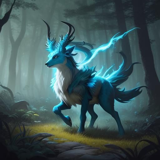 Pikachu-Xerneas Hybrid in Lush Forest: Fantasy Concept Art
